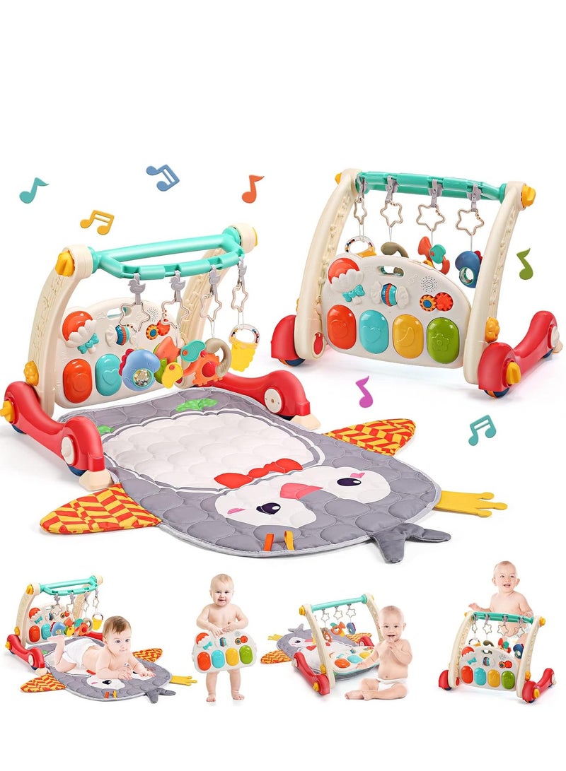 Baby Gym Play Mat & Baby Learning Walker, Baby Activity Mat with Play Piano, Musical Activity Center with Lights, Baby Push Walkers & Tummy Time Mat for Infant Newborn Toddlers