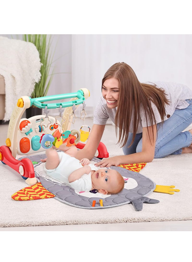 Baby Gym Play Mat & Baby Learning Walker, Baby Activity Mat with Play Piano, Musical Activity Center with Lights, Baby Push Walkers & Tummy Time Mat for Infant Newborn Toddlers