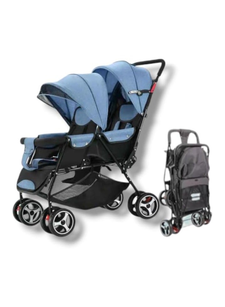 BABY TWIN FOLDABLE STROLLER WITH 2 SEAT ADJUSTABLE PRAM SKY BLUE