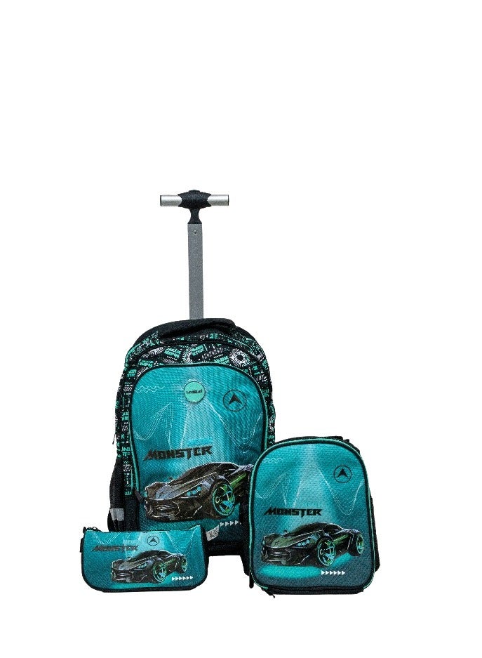 LIVEUP 3 In 1 Teal colour Trolley School Bag With Lunch Bag And Pencil Case (29*18*24)