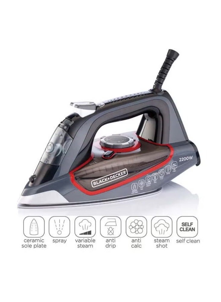 Steam Iron with Ceramic Soleplate/Anti-Drip/Anti-Calc/Auto Shut-Off/Self Clean Function 380 ml 2200 W X2050-B5 Grey/Black