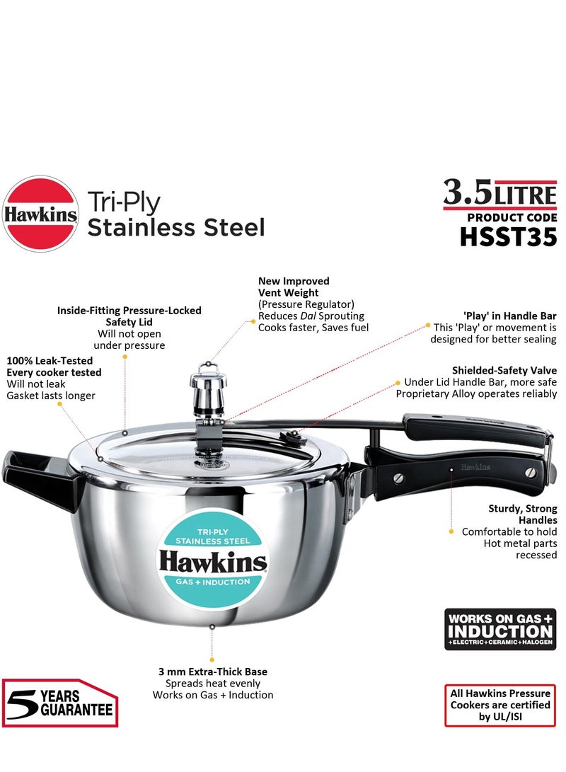 Hawkins 3.5 Litre Triply Stainless Steel Pressure Cooker, Inner Lid Cooker, Silver (HSST35)