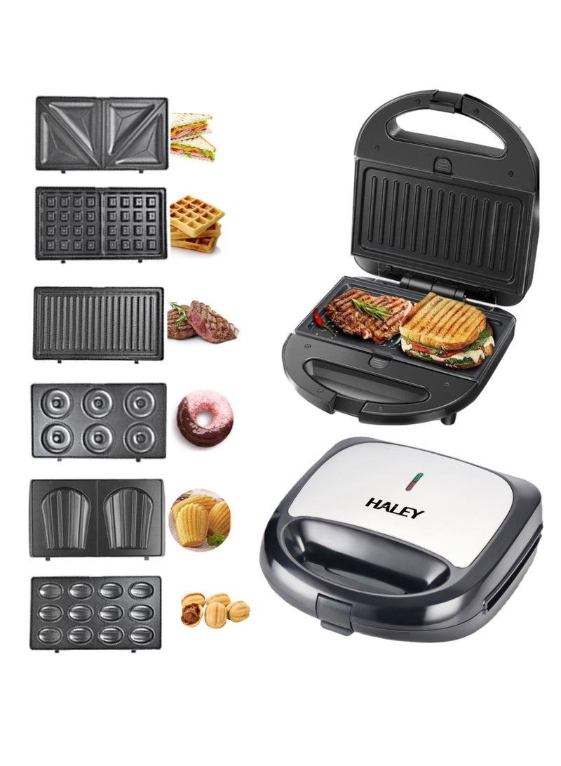 HALEY Sandwich Maker,6-in-1 Multi Snack Maker, Detachable Sandwich, Grill, Waffle Making Plates with Bakelite Coating, 1-Year Warranty (6 In 1)