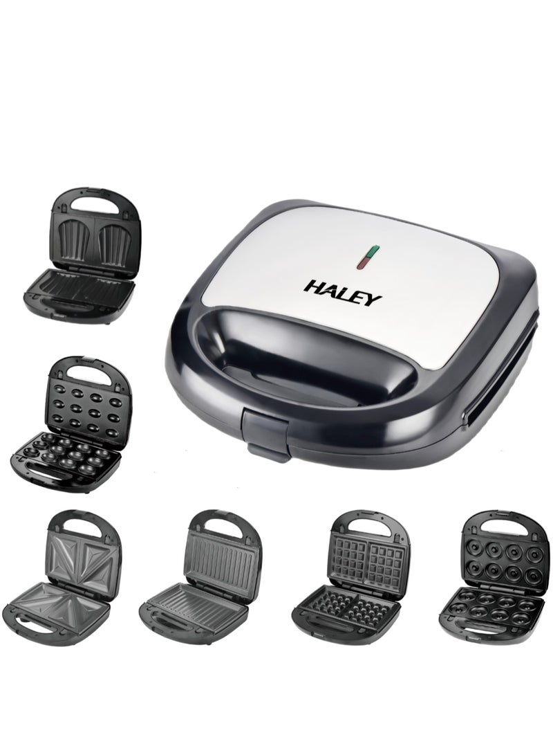 HALEY Sandwich Maker,6-in-1 Multi Snack Maker, Detachable Sandwich, Grill, Waffle Making Plates with Bakelite Coating, 1-Year Warranty (6 In 1)