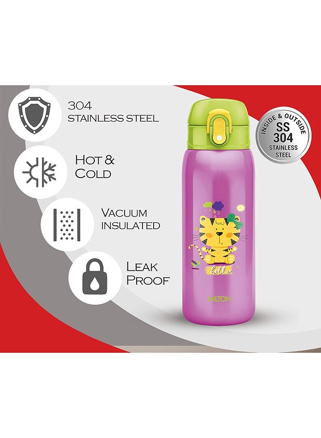 390ml Vacuum Insulated Kids Water Bottle with One Touch Safety Lock, Convenient for Sipping, Stainless Steel, Keeps Drinks Hot and Cold, Thermos Flask for School - Boys & Girls - Jolly Purple