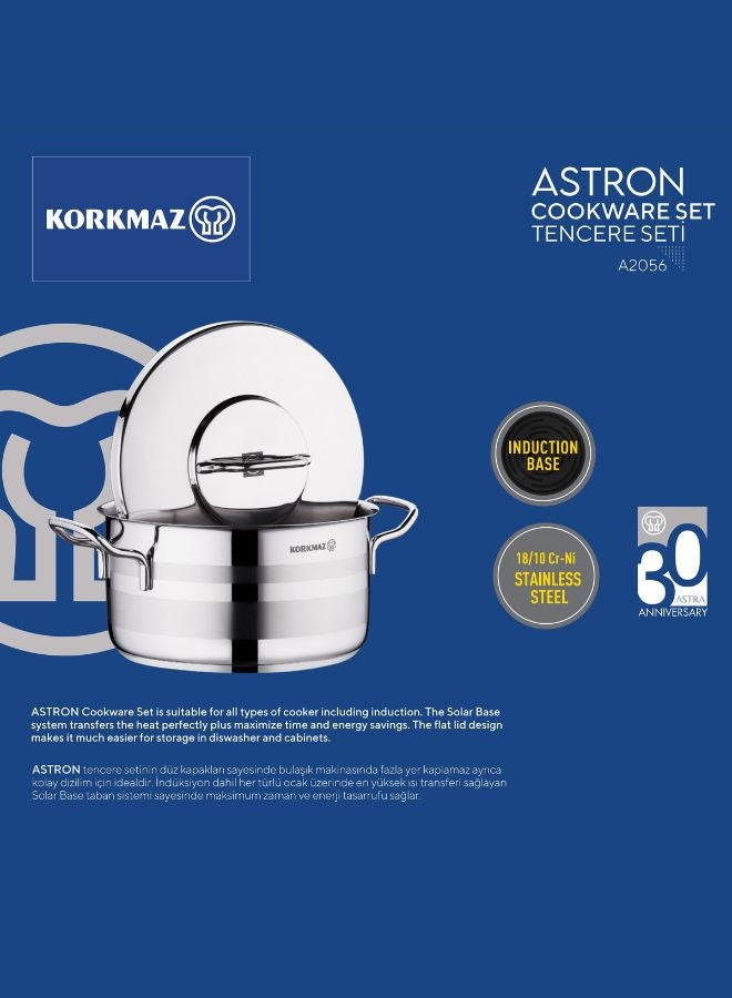 Korkmaz Astron 12-Piece Stainless Steel Cookware Set | Stainless Steel Pots and Pans Set | Induction Base Pans Set - KA2056