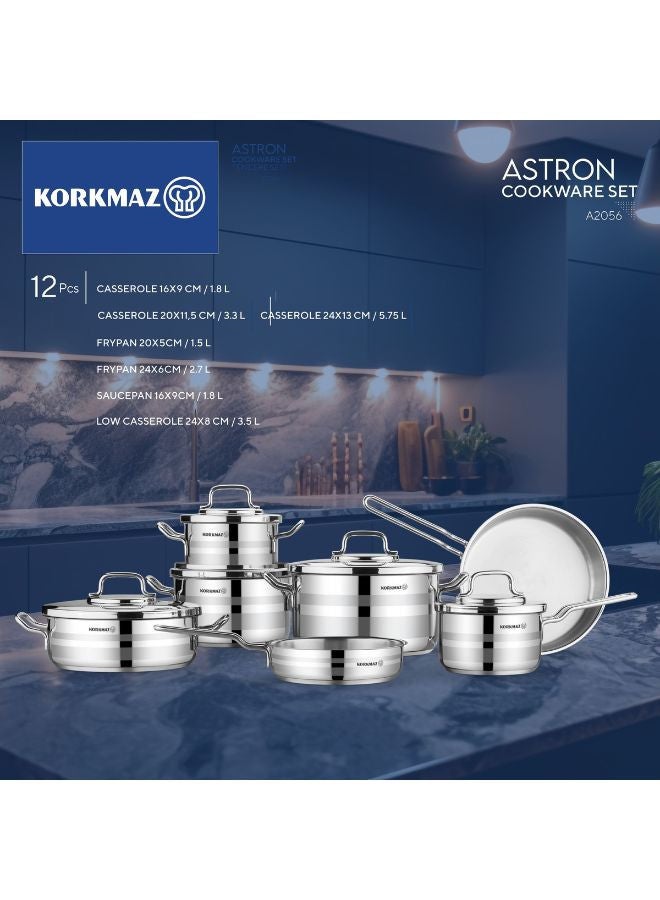 Korkmaz Astron 12-Piece Stainless Steel Cookware Set | Stainless Steel Pots and Pans Set | Induction Base Pans Set - KA2056