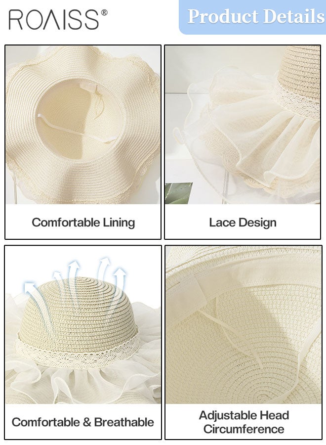 Women's Wide Brim Lace Decor Straw Hat, Summer Sun Protection Wave Hat, Stylish Breathable Beach Straw Hat for Women Beige