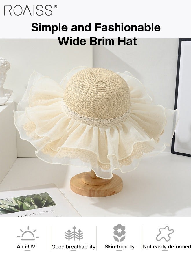 Women's Wide Brim Lace Decor Straw Hat, Summer Sun Protection Wave Hat, Stylish Breathable Beach Straw Hat for Women Beige