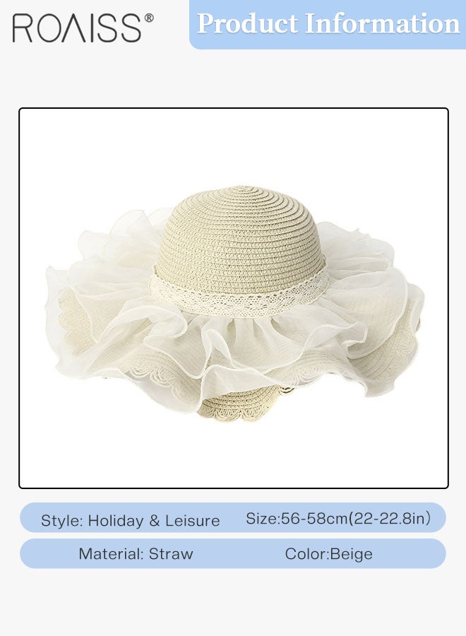 Women's Wide Brim Lace Decor Straw Hat, Summer Sun Protection Wave Hat, Stylish Breathable Beach Straw Hat for Women Beige