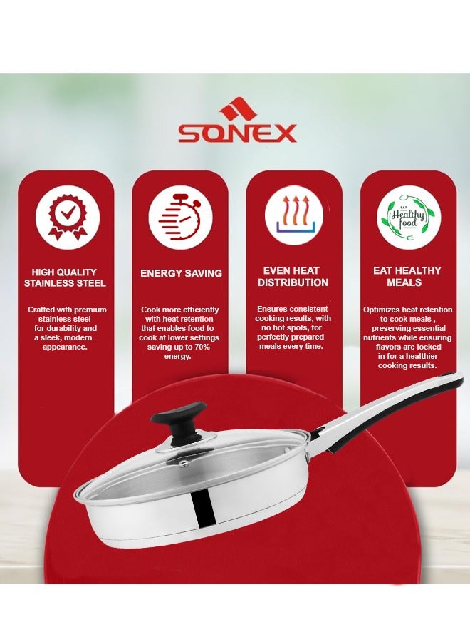 SONEX Supreme Frying Pan/Skillet 20cm (1 Ltr) – Stainless Steel, Glass Lid, Cool Ergonomic Handle, Sandwich Bottom, Durable Design, Dishwasher Safe, Stir Frying Pan, All Stoves Compatible