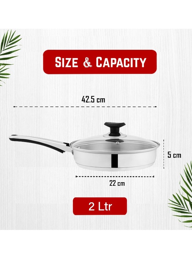 SONEX Supreme Frying Pan/Skillet 22cm (2 Ltr) – Stainless Steel, Glass Lid, Cool Ergonomic Handle, Sandwich Bottom, Durable Design, Dishwasher Safe, Stir Frying Pan, All Stoves Compatible