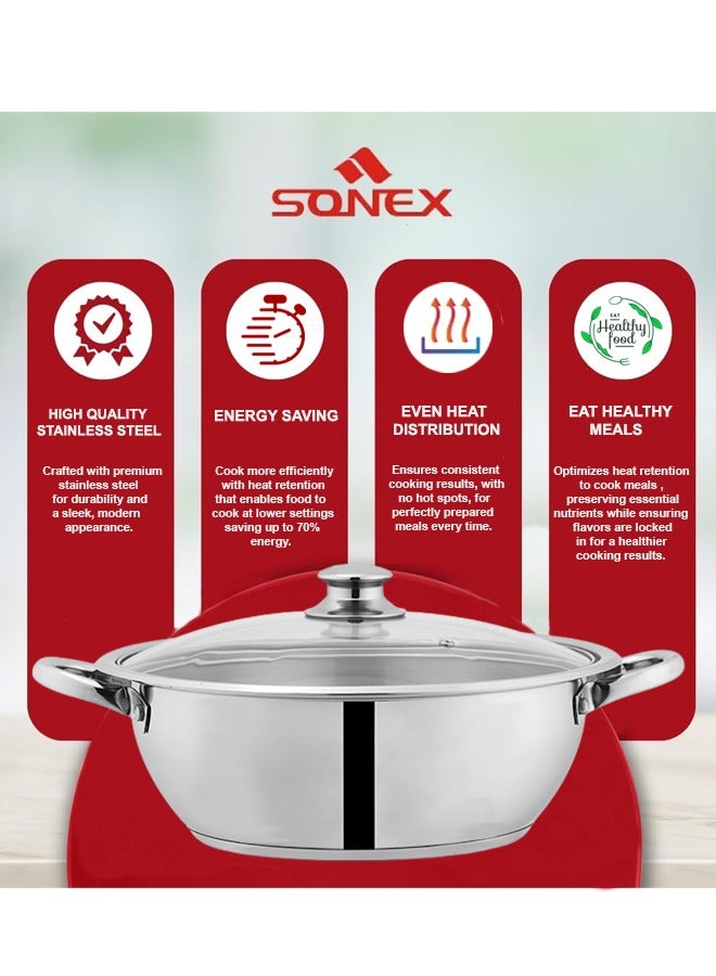 SONEX Mega Wok/Kadai, 24 cm (3.5 Ltr) Stainless Steel – Glass Lid with Steam Vent, Durable Handles, Sandwich Bottom for Even Heating, Sleek Modern Design for Efficient and Stylish Cooking