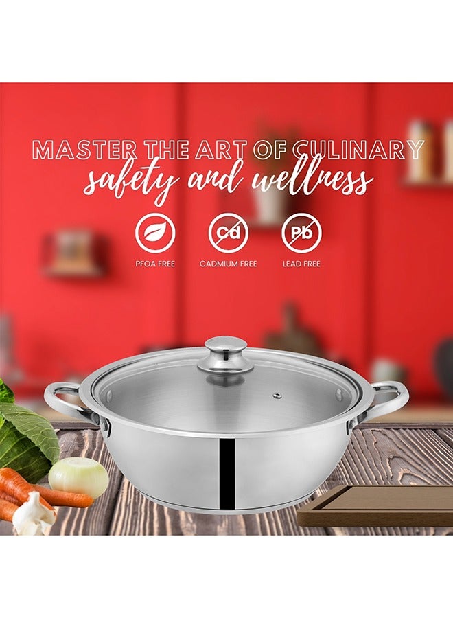 SONEX Mega Wok/Kadai, 24 cm (3.5 Ltr) Stainless Steel – Glass Lid with Steam Vent, Durable Handles, Sandwich Bottom for Even Heating, Sleek Modern Design for Efficient and Stylish Cooking