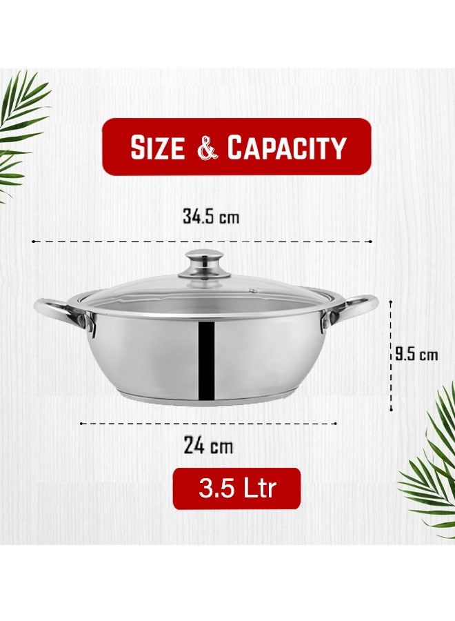 SONEX Mega Wok/Kadai, 24 cm (3.5 Ltr) Stainless Steel – Glass Lid with Steam Vent, Durable Handles, Sandwich Bottom for Even Heating, Sleek Modern Design for Efficient and Stylish Cooking