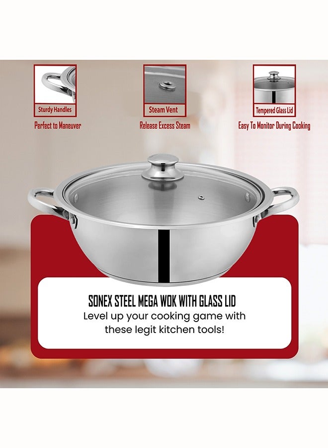 SONEX Mega Wok/Kadai, 22 cm (2 Ltr) Stainless Steel – Glass Lid with Steam Vent, Durable Handles, Sandwich Bottom for Even Heating, Sleek Modern Design for Efficient and Stylish Cooking