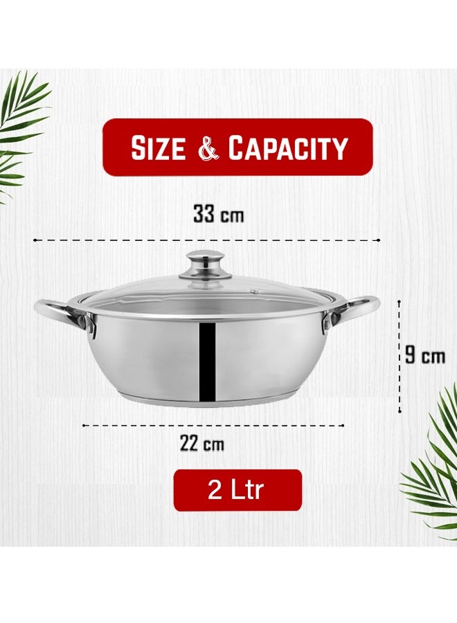 SONEX Mega Wok/Kadai, 22 cm (2 Ltr) Stainless Steel – Glass Lid with Steam Vent, Durable Handles, Sandwich Bottom for Even Heating, Sleek Modern Design for Efficient and Stylish Cooking