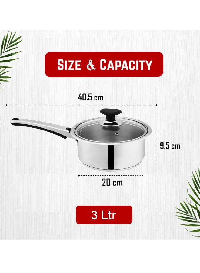 SONEX Mega Stainless Steel Sauce Pan, 20 cm (3 Ltr) with Glass Lid – Ergonomic Cool Handle, Sandwich Bottom, Sleek Modern Appearance, Ideal for Sauces, Soups & More