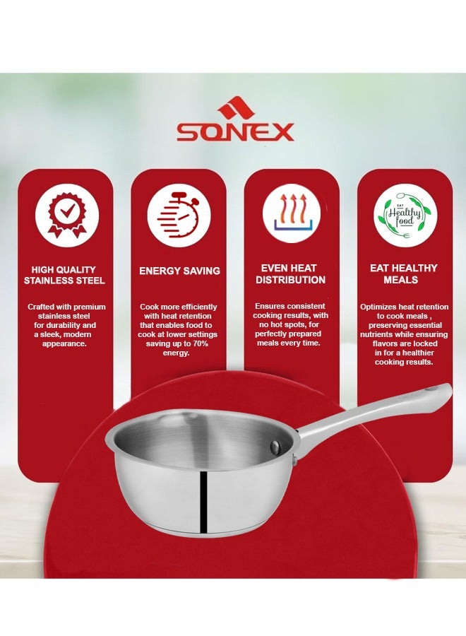 SONEX Majestic Stainless Steel Milk & Sauce Pan, 19 cm (1.8 Ltr) – Sandwich Bottom, Cool Handle, Ideal for Heating Milk, Sauces, Soups, and More, Durable Construction, Easy Pour Spout