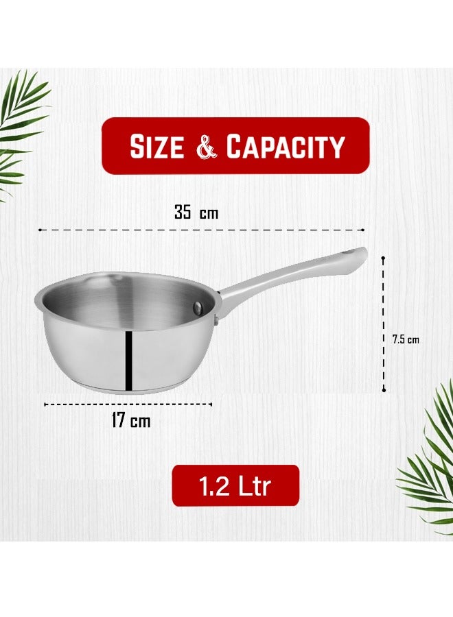 SONEX Majestic Stainless Steel Milk & Sauce Pan, 17 cm (1.2 Ltr) – Sandwich Bottom, Cool Handle, Ideal for Heating Milk, Sauces, Soups, and More, Durable Construction, Easy Pour Spout