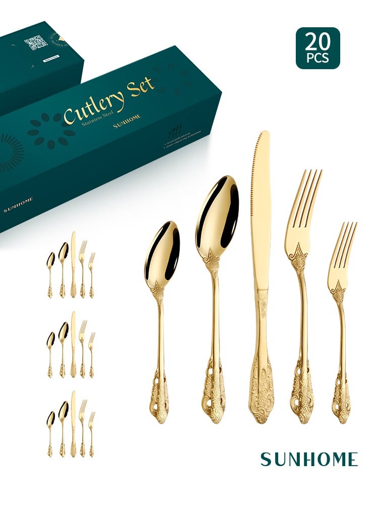 SUNHOME 20-Piece Stainless Steel Cutlery Set Gold
