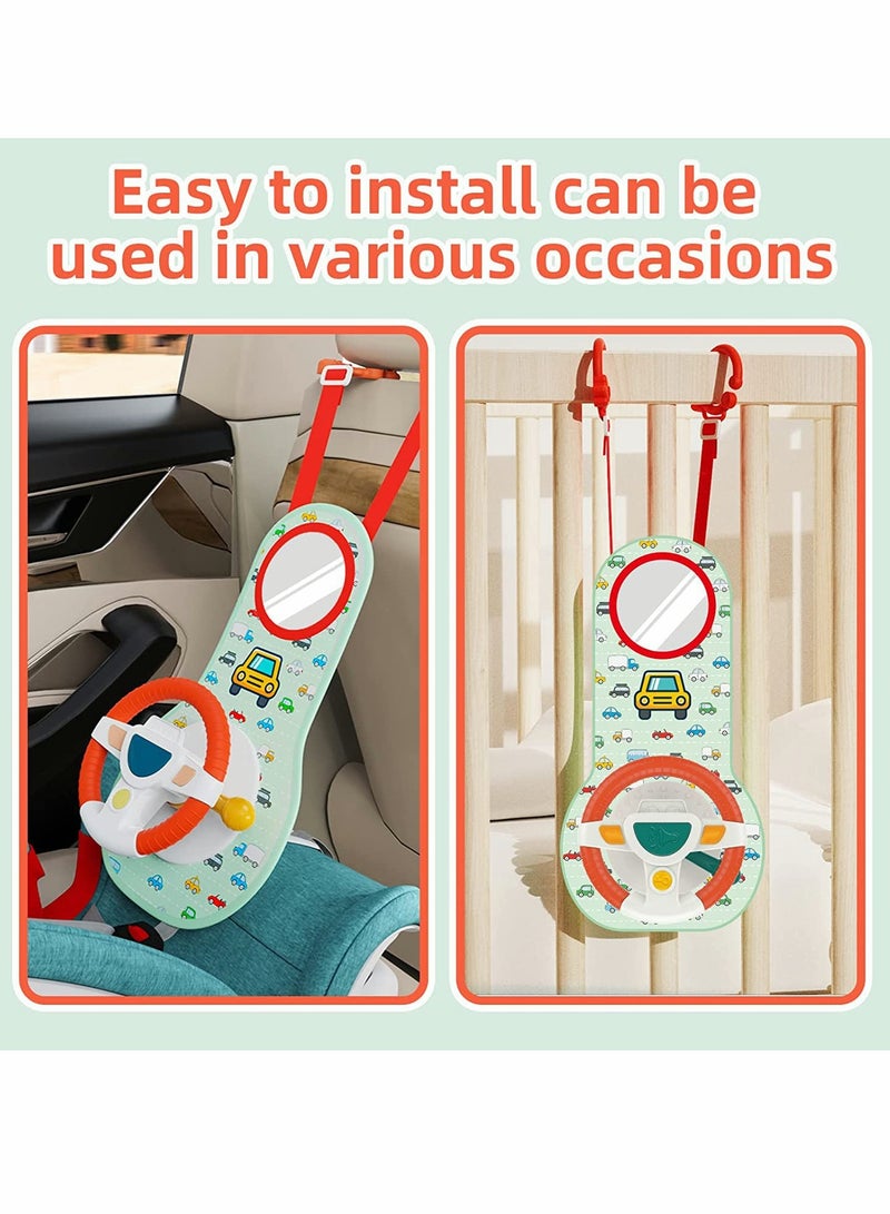 Infant Car Seat Play Toys with Mirror, Musical Steering Wheel and Light Features for Engaging Travel Fun