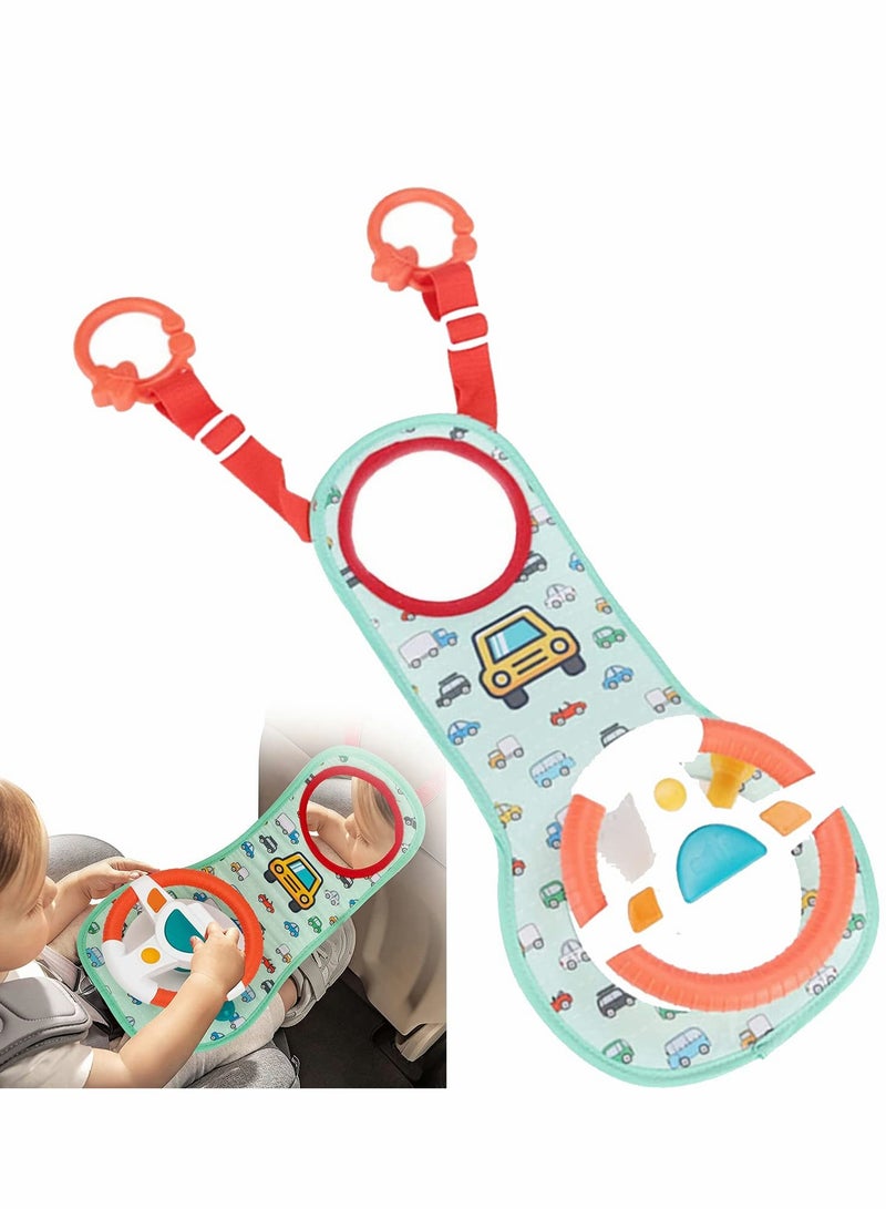 Infant Car Seat Play Toys with Mirror, Musical Steering Wheel and Light Features for Engaging Travel Fun