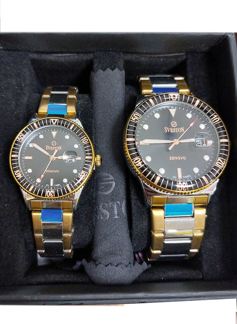 Couple Set Analog Quartz Two tone Stainless Steel Watch - 7466