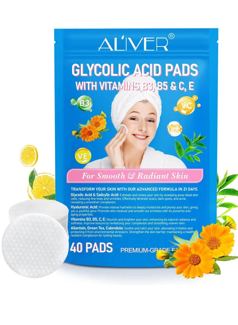 40Pcs Glycolic Acid Pads Smooth And Radiant Skin Glycolic Pads Reduce Scars Fine Lines Dark Spots Acne Dead Skin & Blackheads with Glycolic Acid Salicylic Acid & Hyaluronic Acid