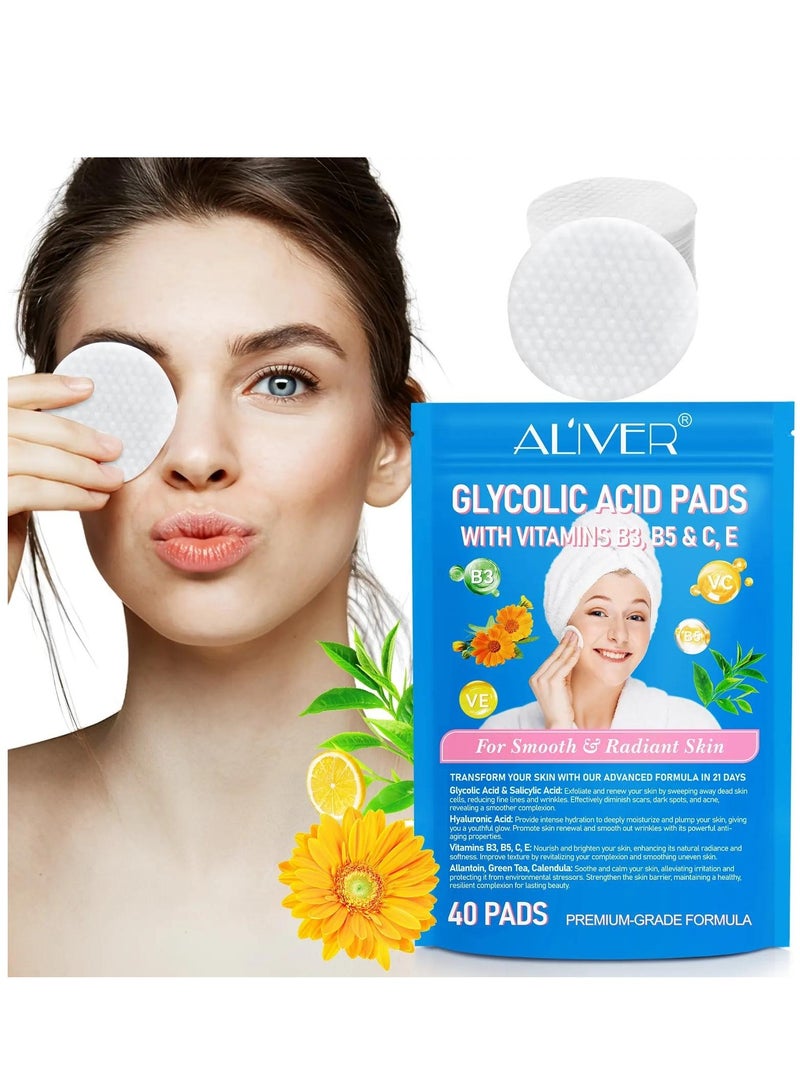 40Pcs Glycolic Acid Pads Smooth And Radiant Skin Glycolic Pads Reduce Scars Fine Lines Dark Spots Acne Dead Skin & Blackheads with Glycolic Acid Salicylic Acid & Hyaluronic Acid