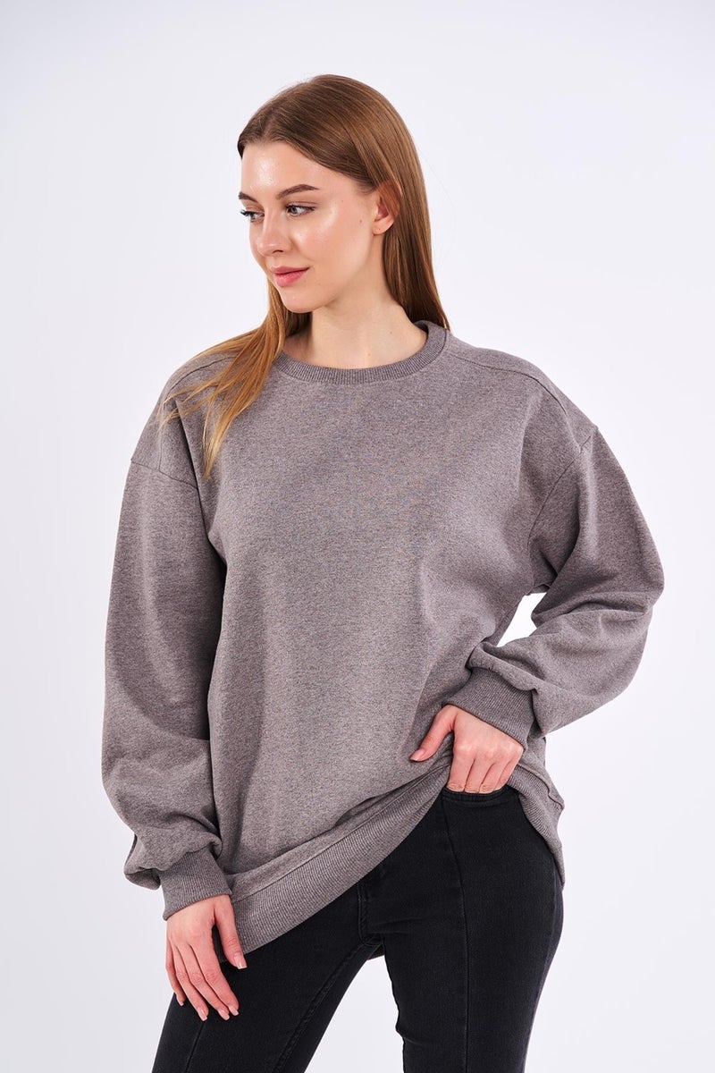 Brown Women's Cotton Oversize Basic Crew Neck Sweatshirt