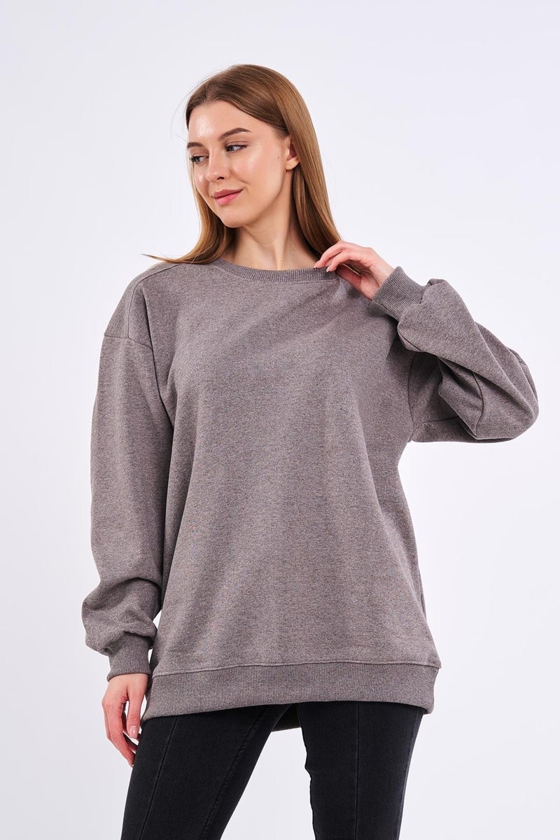 Brown Women's Cotton Oversize Basic Crew Neck Sweatshirt