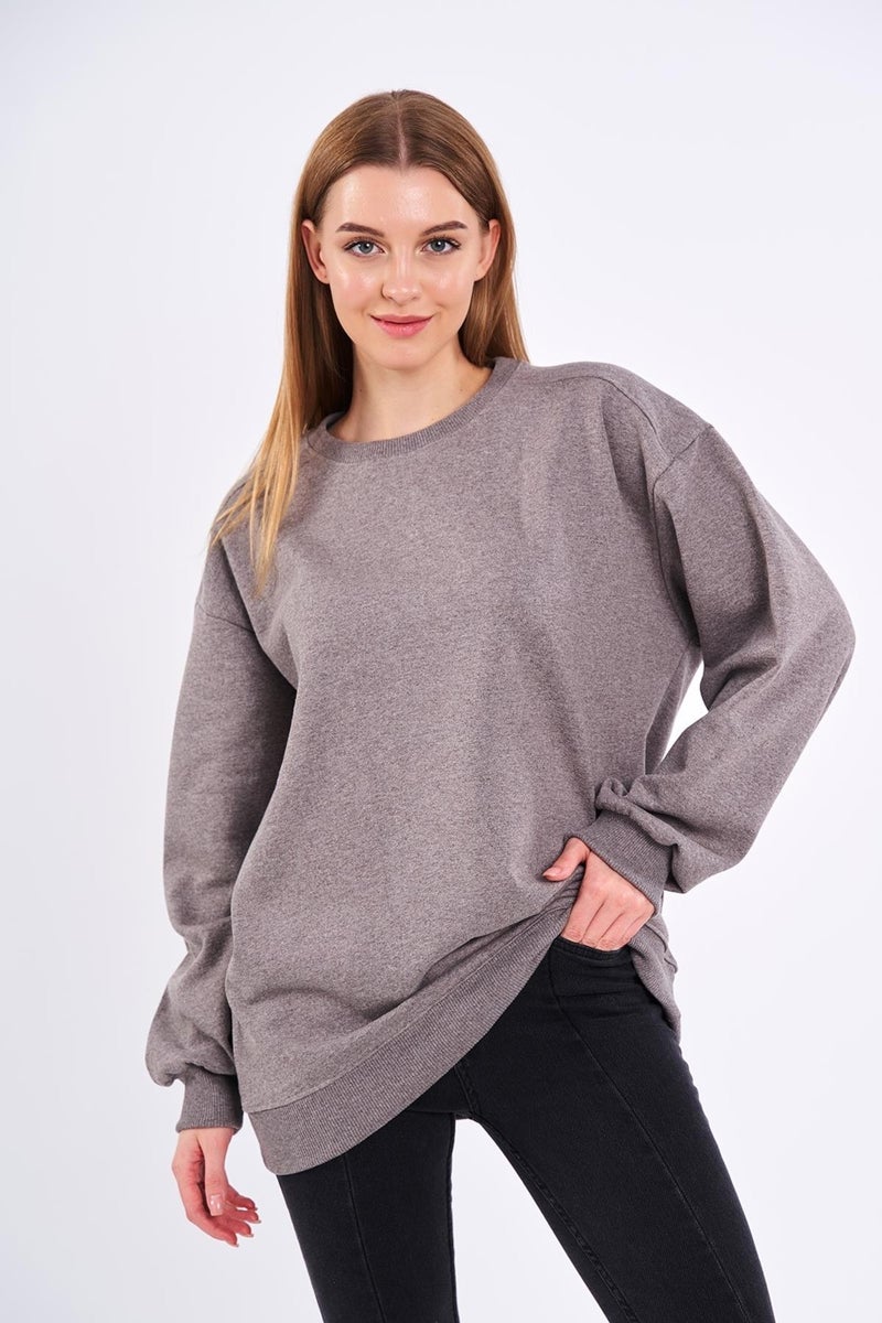 Brown Women's Cotton Oversize Basic Crew Neck Sweatshirt