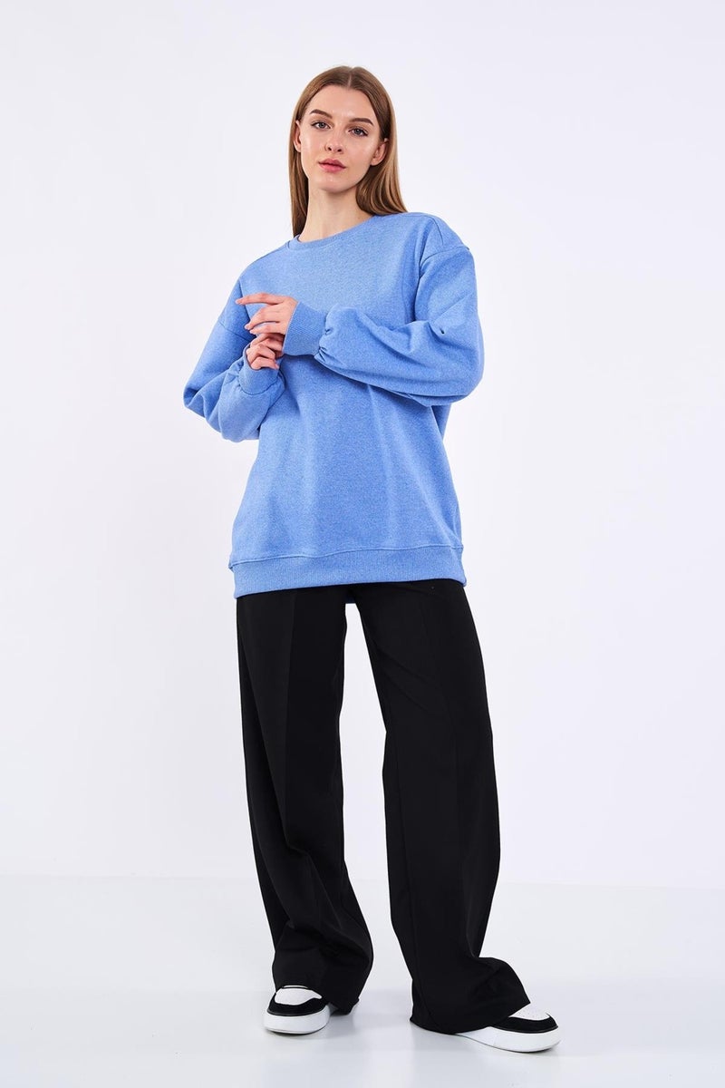 Blue Women's Cotton Oversize Basic Crew Neck Sweatshirt