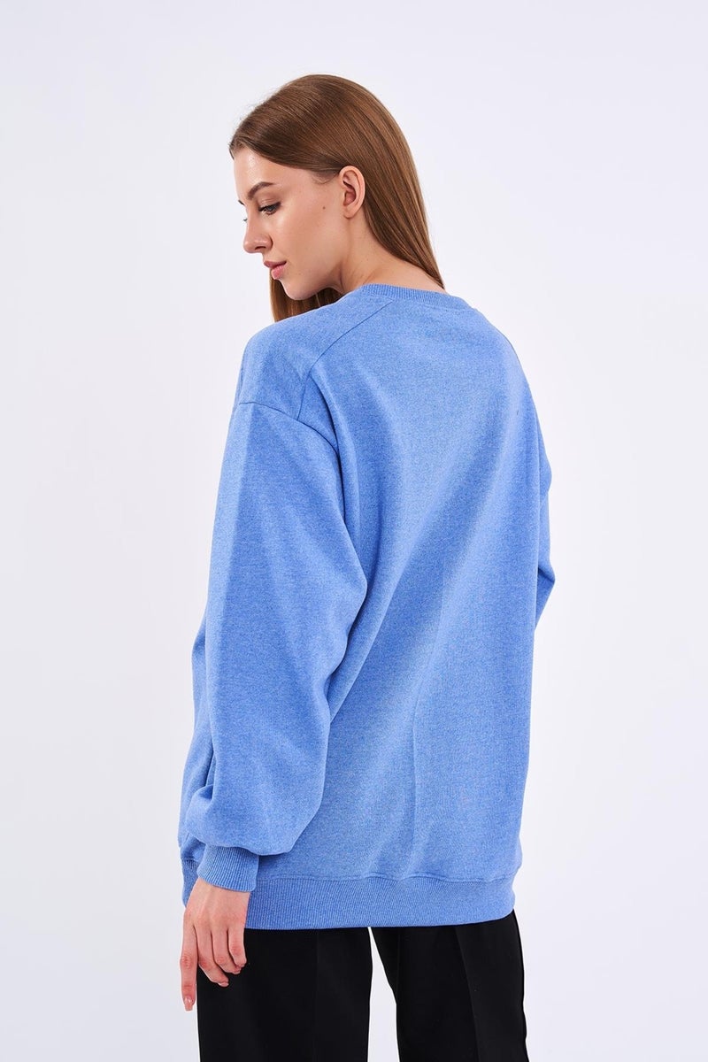 Blue Women's Cotton Oversize Basic Crew Neck Sweatshirt