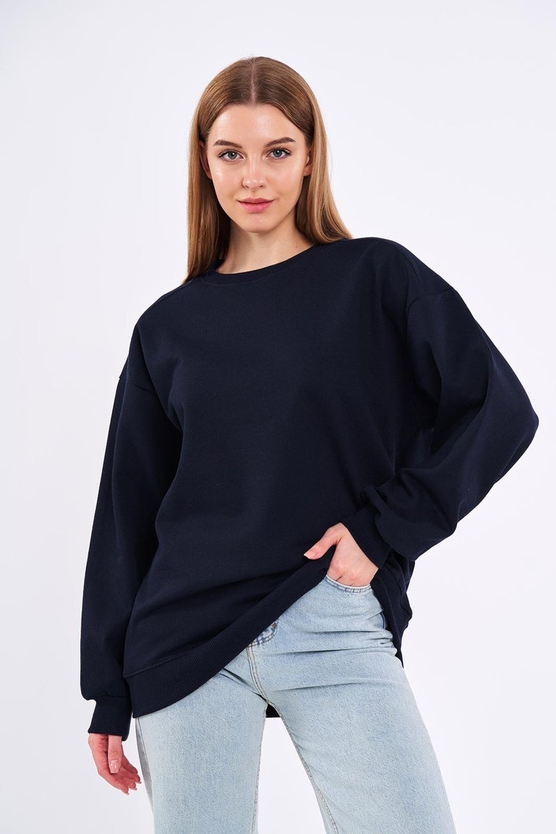 Navy Blue Women's Cotton Oversize Basic Crew Neck Sweatshirt