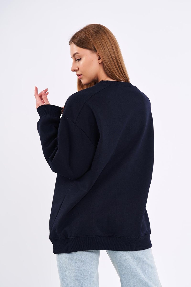 Navy Blue Women's Cotton Oversize Basic Crew Neck Sweatshirt