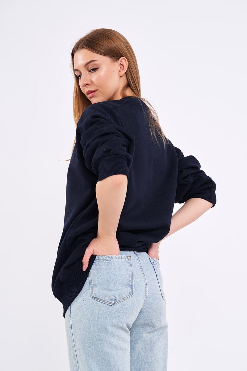 Navy Blue Women's Cotton Oversize Basic Crew Neck Sweatshirt