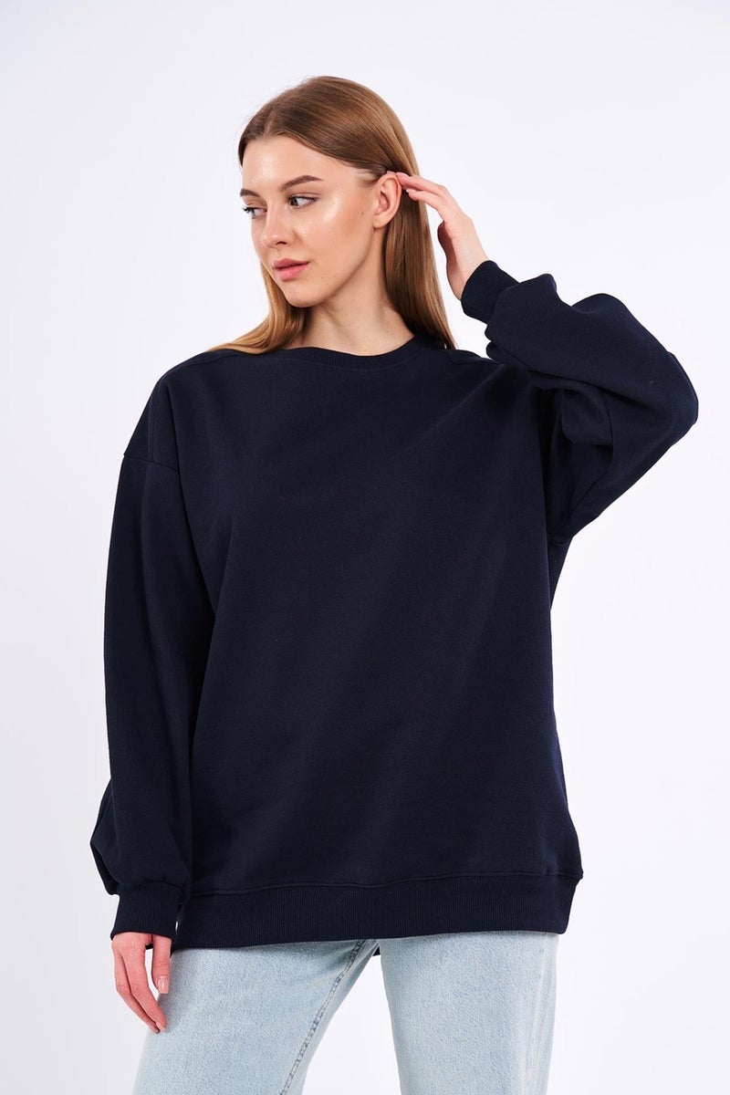 Navy Blue Women's Cotton Oversize Basic Crew Neck Sweatshirt