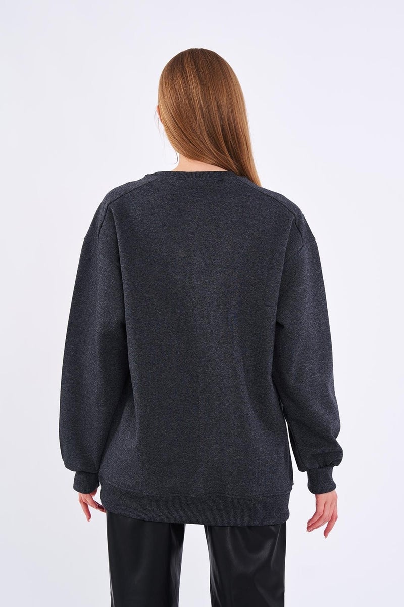 Anthracite Women's Cotton Oversize Basic Crew Neck Sweatshirt