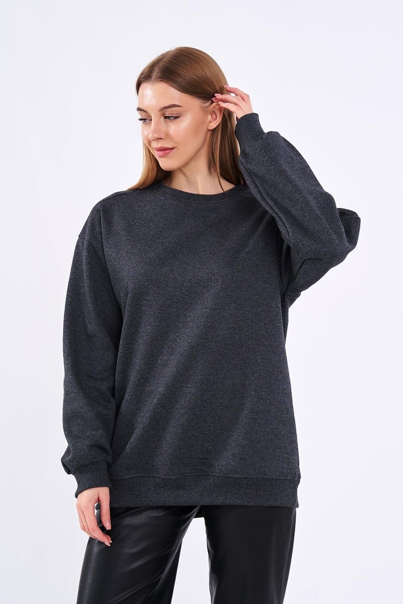 Anthracite Women's Cotton Oversize Basic Crew Neck Sweatshirt