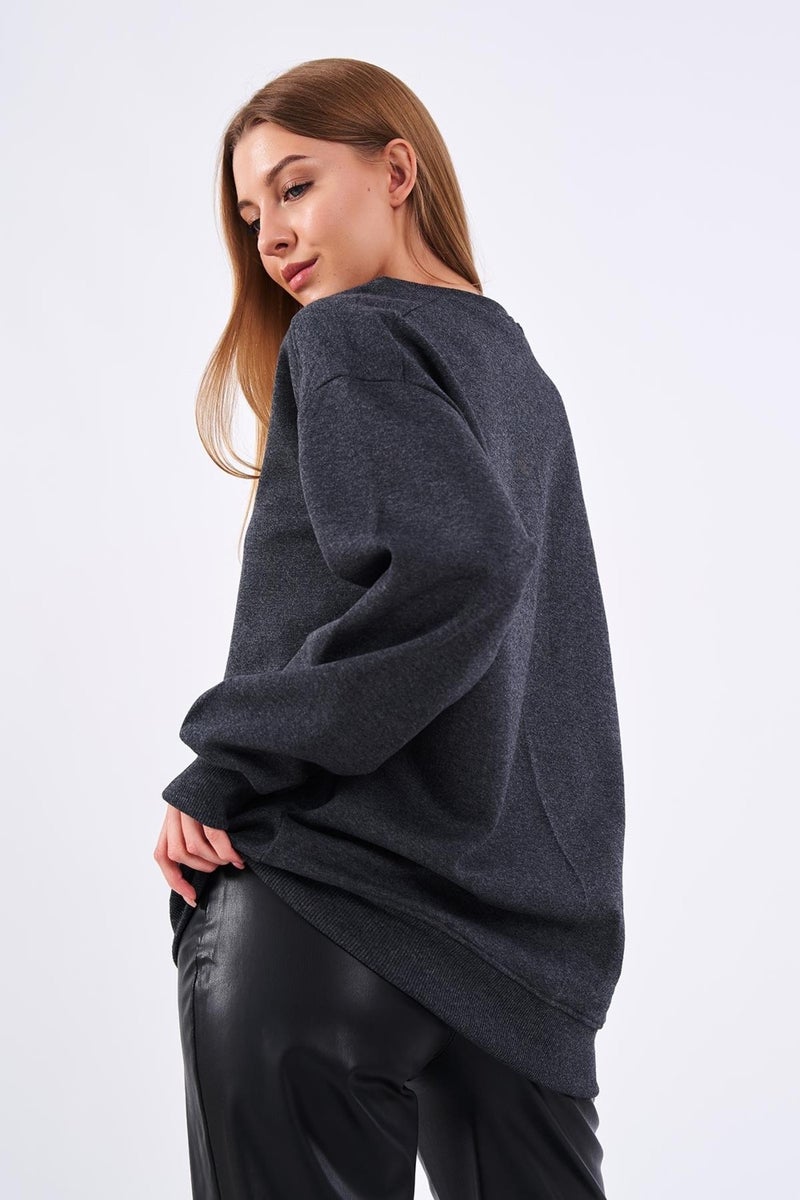 Anthracite Women's Cotton Oversize Basic Crew Neck Sweatshirt