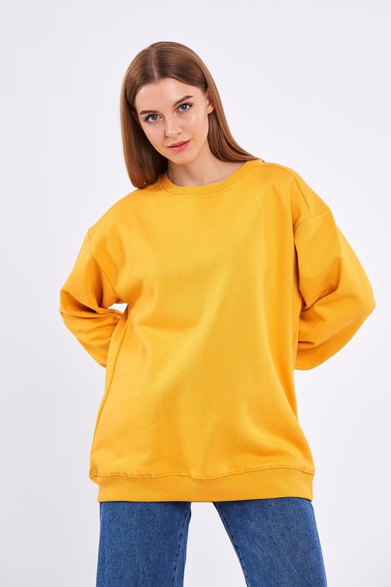 Yellow Women's Cotton Oversize Basic Crew Neck Sweatshirt