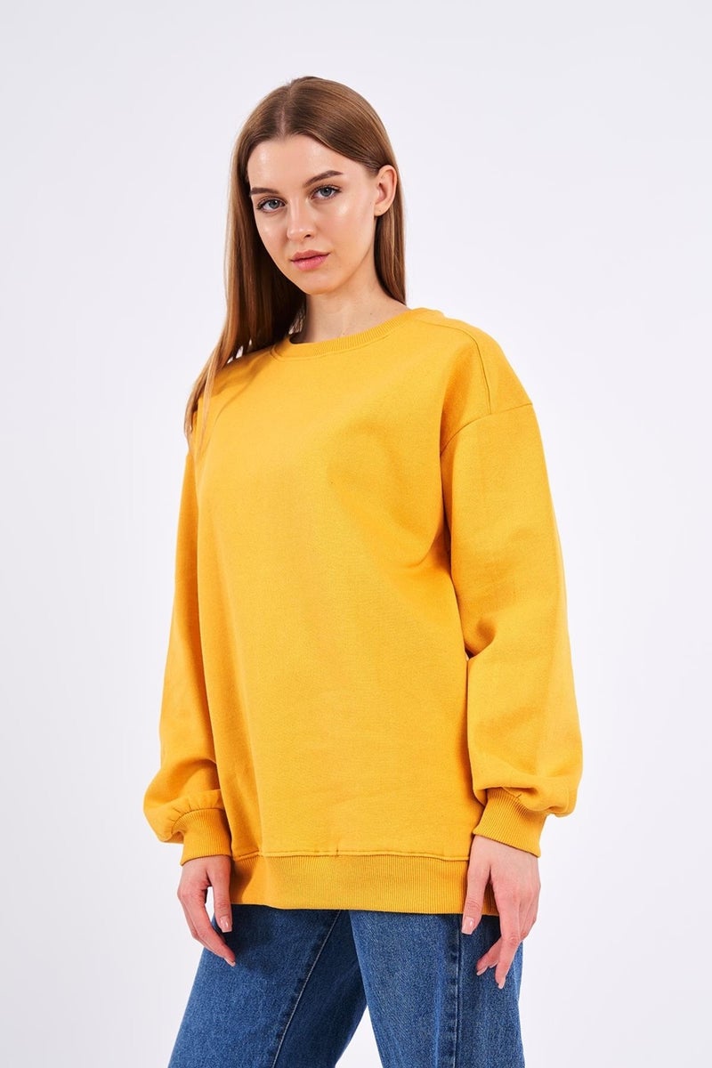 Yellow Women's Cotton Oversize Basic Crew Neck Sweatshirt