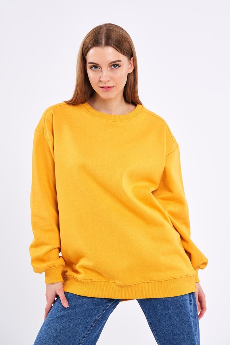 Yellow Women's Cotton Oversize Basic Crew Neck Sweatshirt