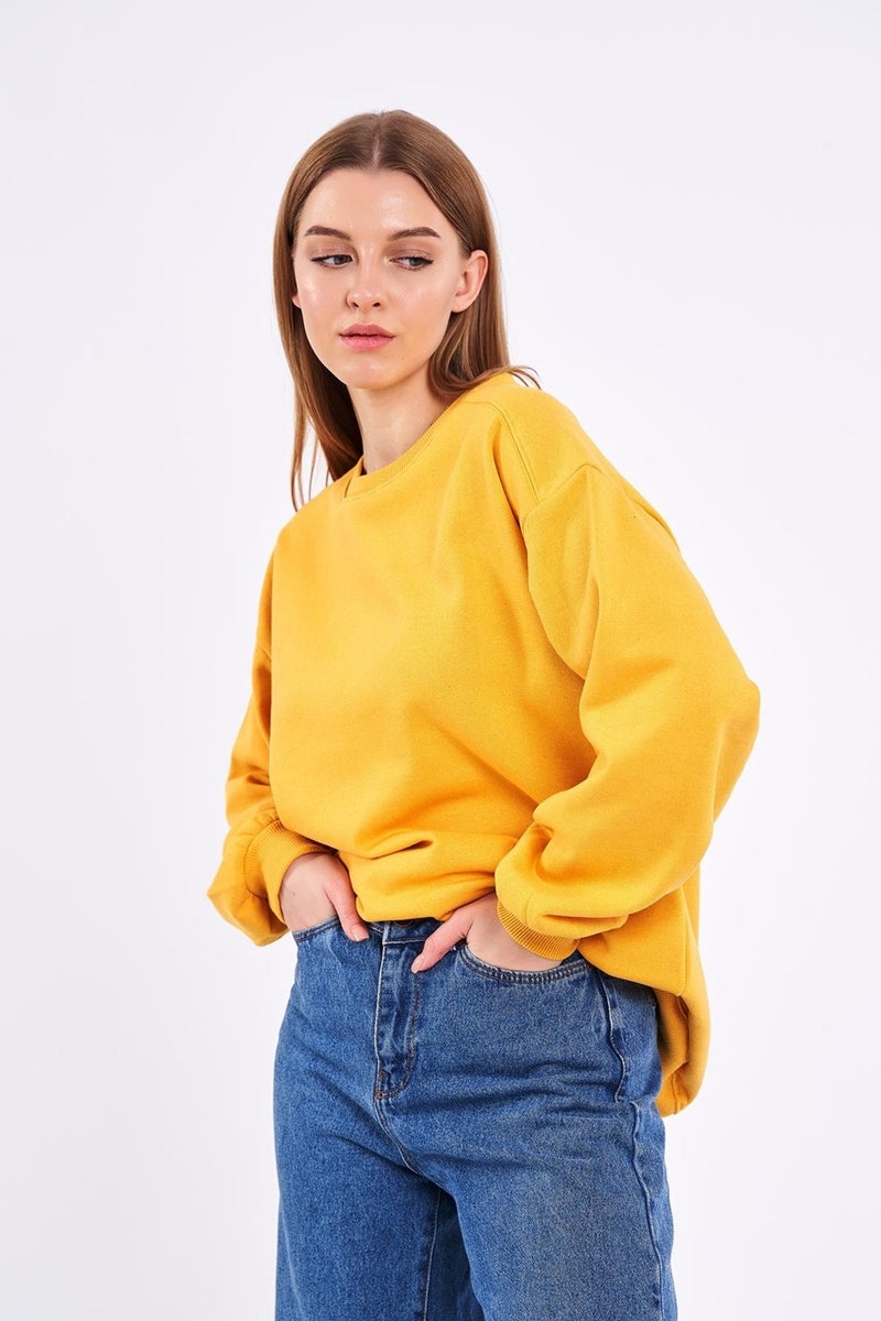 Yellow Women's Cotton Oversize Basic Crew Neck Sweatshirt