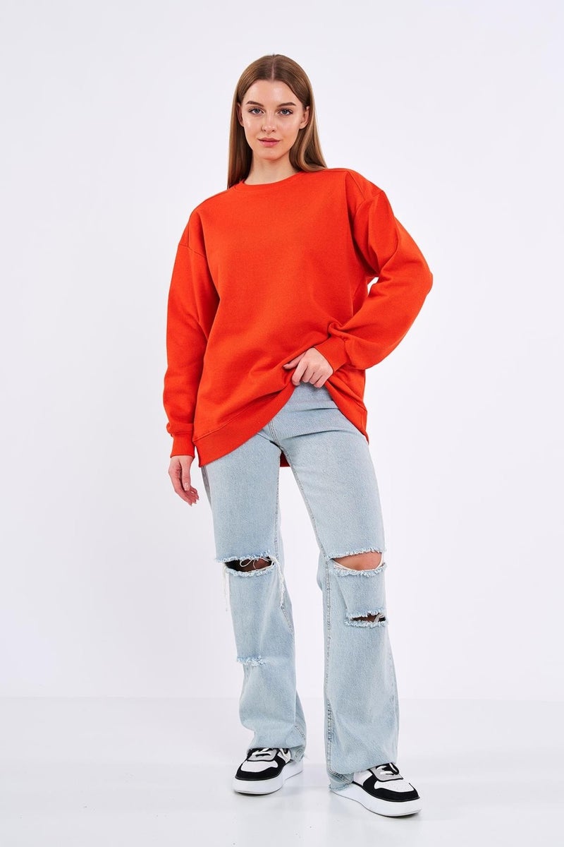 Orange Women's Cotton Oversize Basic Crew Neck Sweatshirt