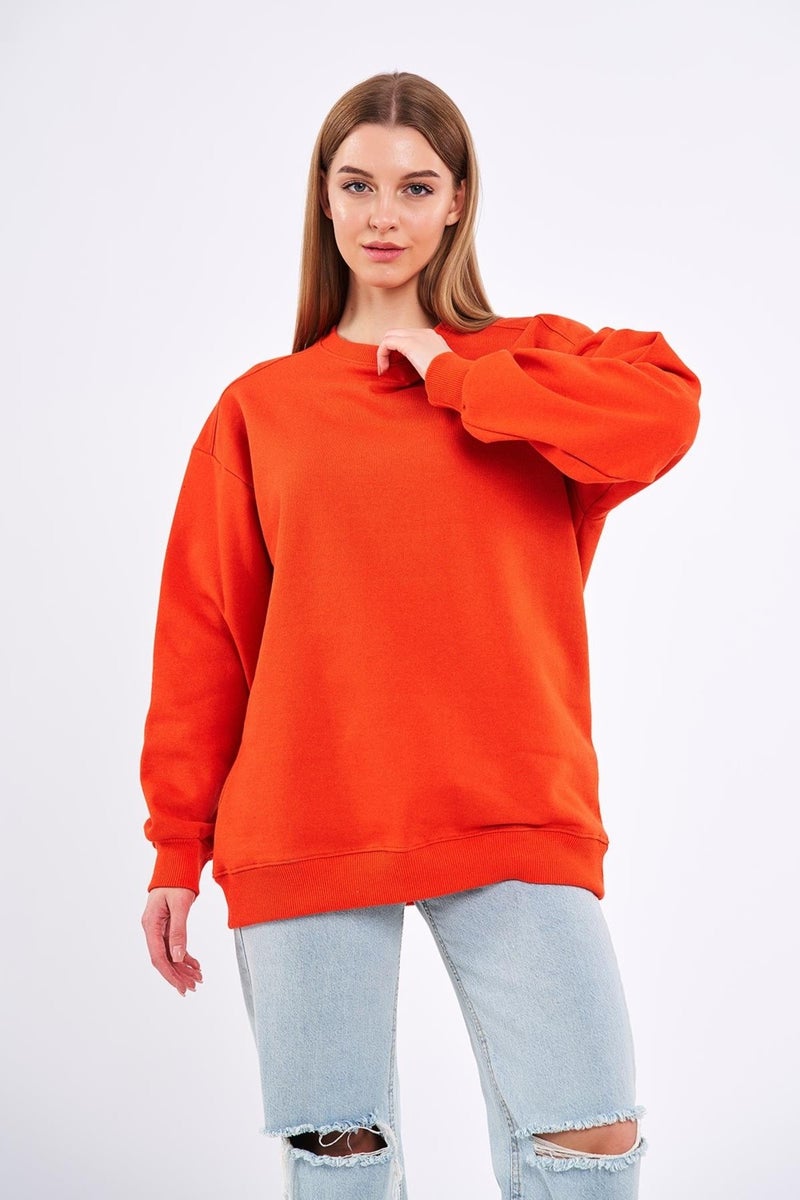 Orange Women's Cotton Oversize Basic Crew Neck Sweatshirt