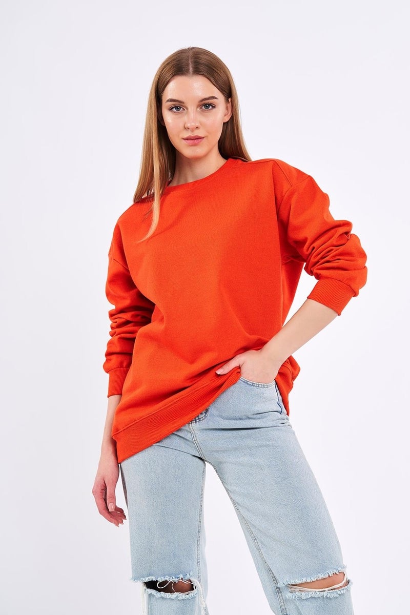 Orange Women's Cotton Oversize Basic Crew Neck Sweatshirt