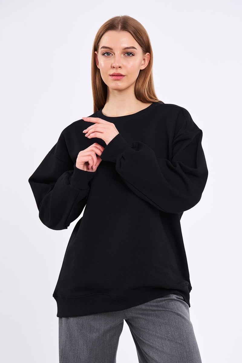 Women's Black Cotton Oversize Basic Crew Neck Sweatshirt